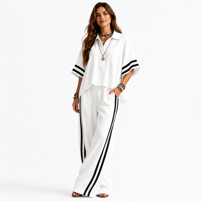 Loose-fitting two piece pants outfit for women with short sleeve top, full-length trousers and relaxed silhouette for daywear