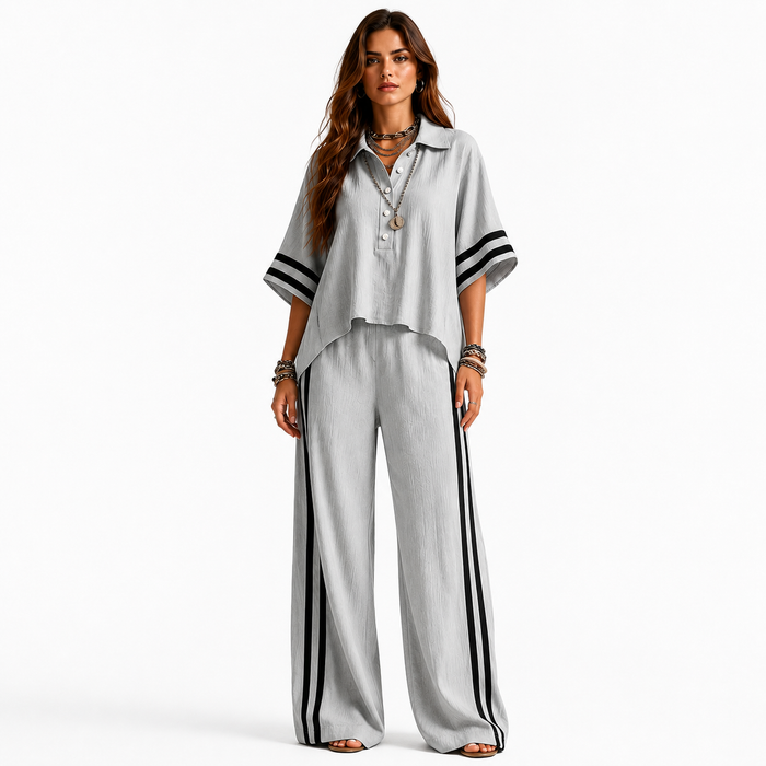 Summer two piece pants set for women in soft polyester, ideal for casual outings, office commute and travel with comfort fit.