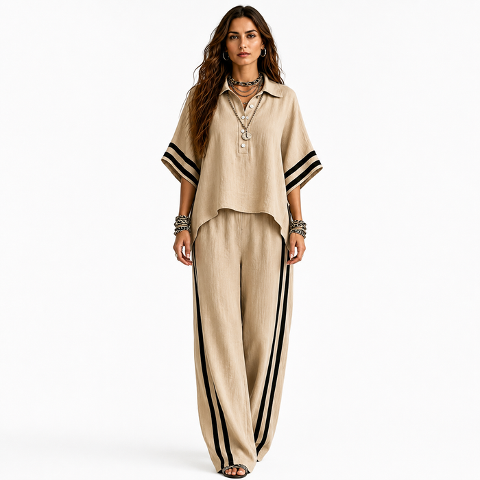 Women casual co ord pants set with short sleeve shirt, loose full-length trousers and clean modern styling for summer day set