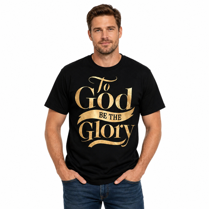 Unisex Christian T-shirt in black with gold To God Be The Glory print, crew neck, short sleeves, and relaxed summer style now