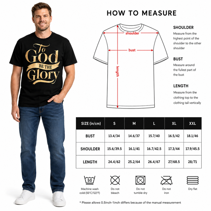 Black faith shirt with gold Christian graphic print, soft breathable feel, round neck design, and easy unisex everyday wear..