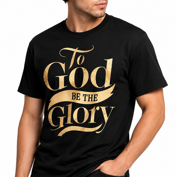 Christian graphic tee with short sleeves, relaxed fit, black base, and elegant gold print for faith-inspired daily outfits...