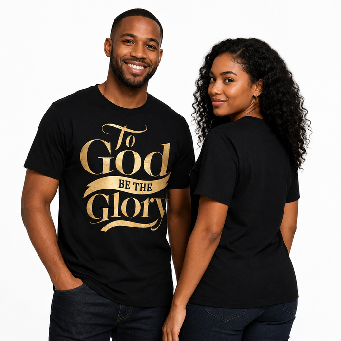 Gold print T-shirt with religious message, classic crew neck shape, and versatile black color for casual urban styling daily.