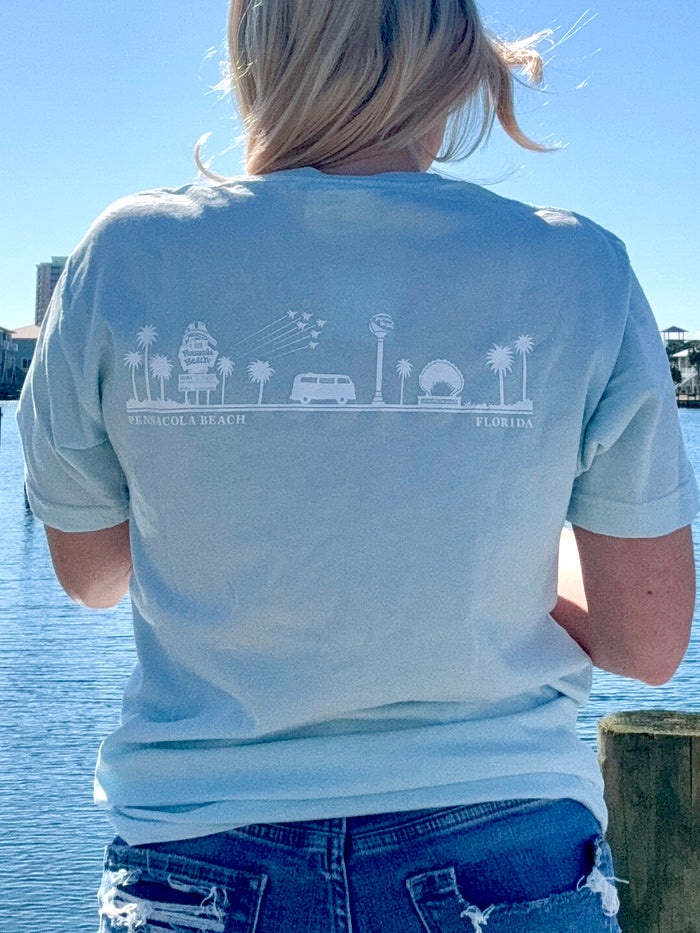 Pensacola Beach Icon T shirt in light blue back view shown on model size small