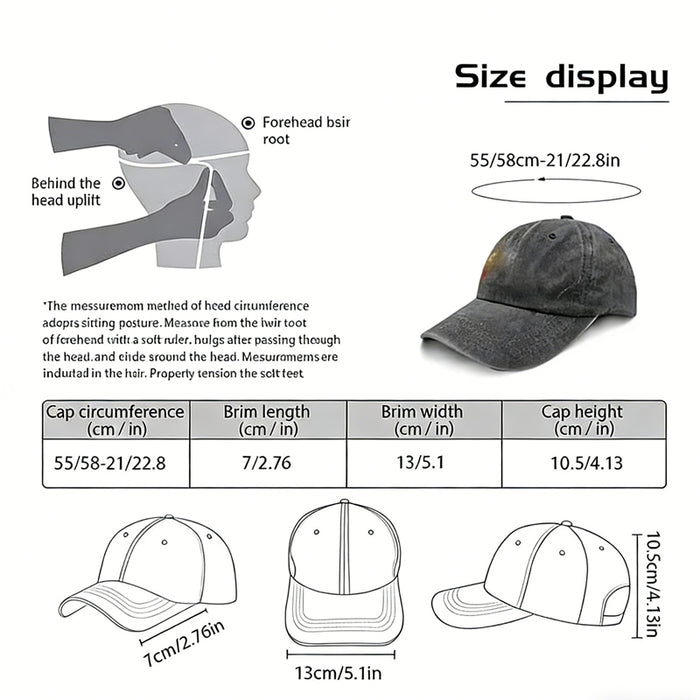 Size display chart for a cap with measurements and illustrations.