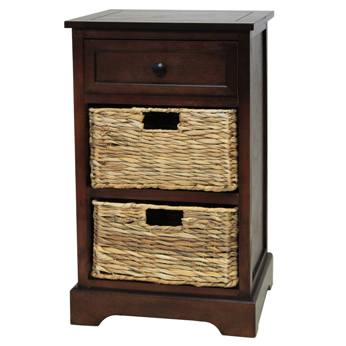 Urban Designs Malibu 3-Drawer Night Stand with Wicker Baskets - Coffee