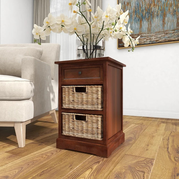 Urban Designs Malibu 3-Drawer Night Stand with Wicker Baskets - Coffee