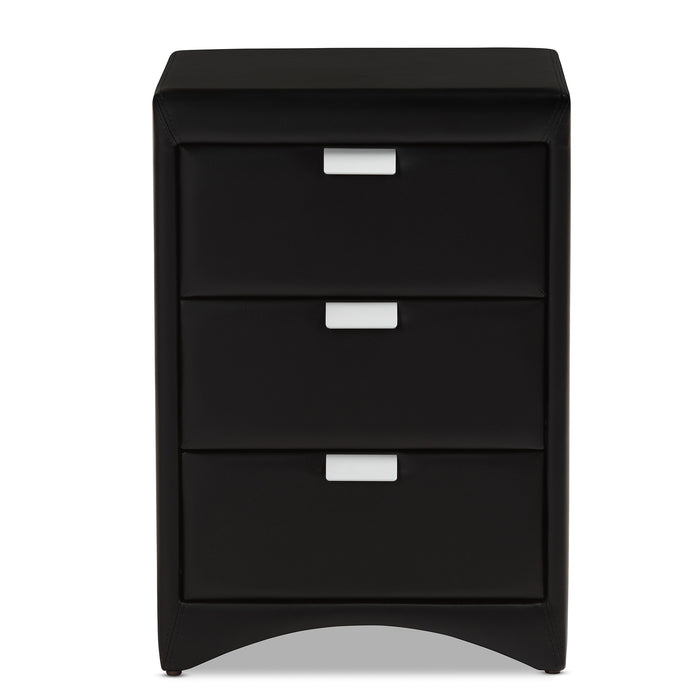Urban Designs Sonia Faux Leather Upholstered 3-Drawer Nightstand in Black Finish
