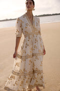 V-Neck Cuffed Maxi- Carlin Cream Gold