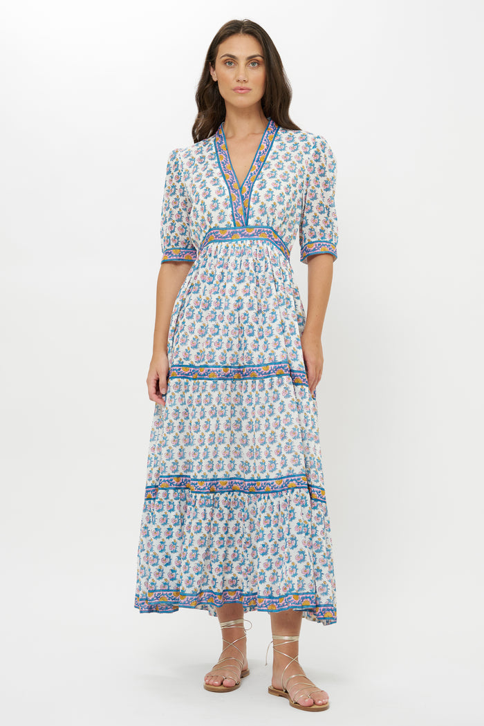 V-Neck Cuffed Maxi- Crocus Blue