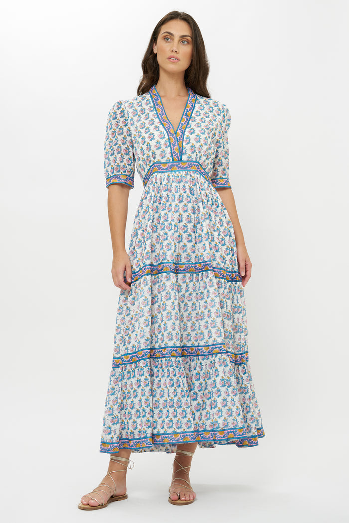 V-Neck Cuffed Maxi- Crocus Blue