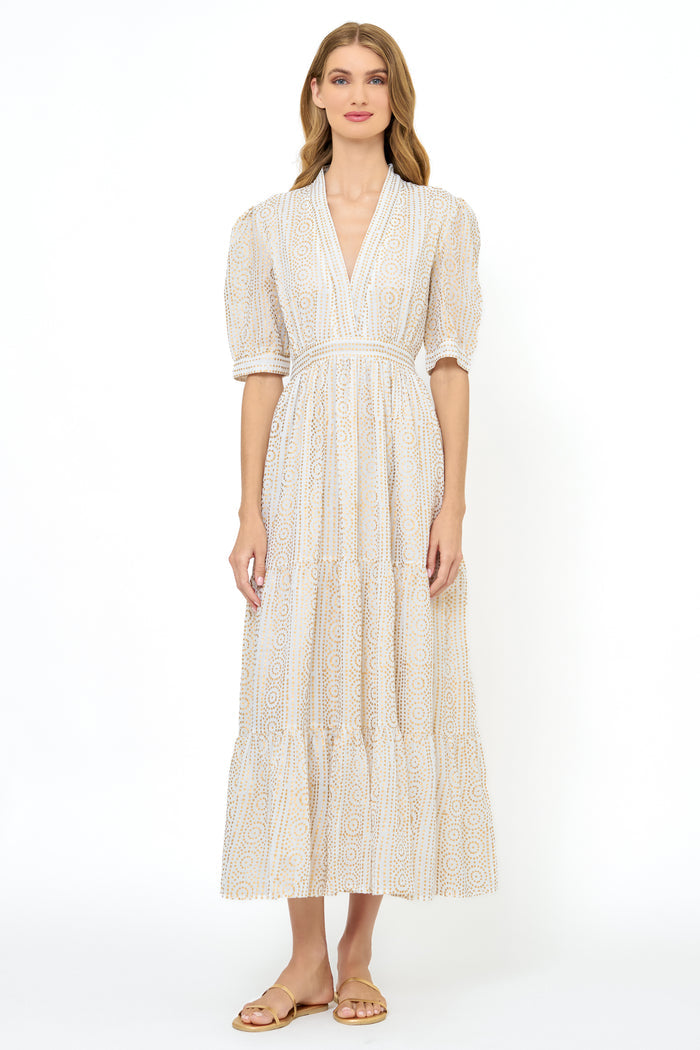 V-Neck Cuffed Maxi- Helene Cream Gold