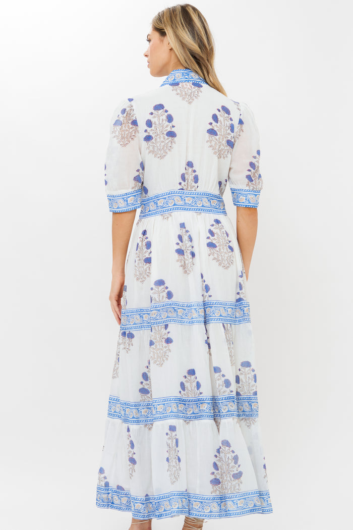 V-Neck Cuffed Maxi- Laguna Blue