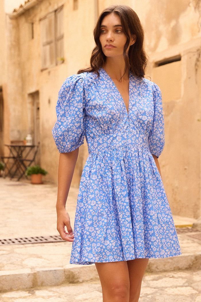 V-Neck Puff Mini- Ditsy Blue