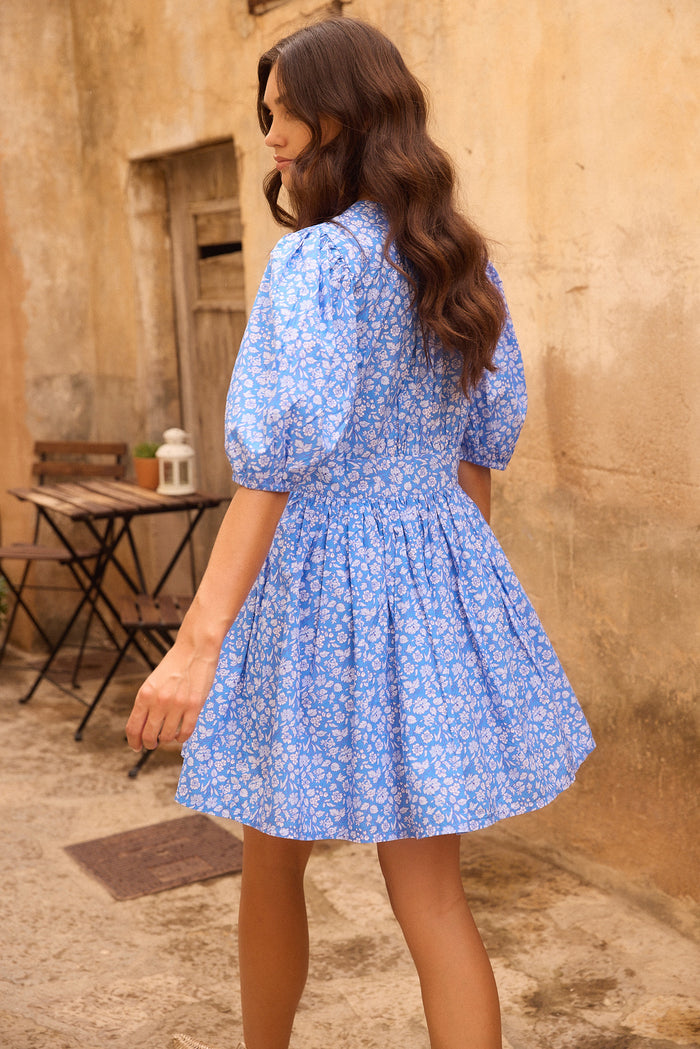 V-Neck Puff Mini- Ditsy Blue