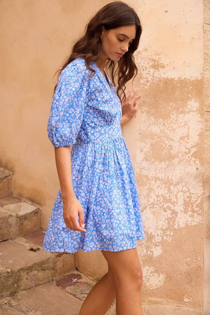 V-Neck Puff Mini- Ditsy Blue