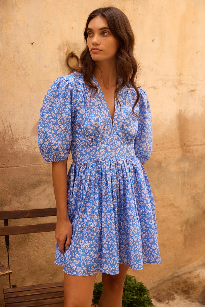 V-Neck Puff Mini- Ditsy Blue