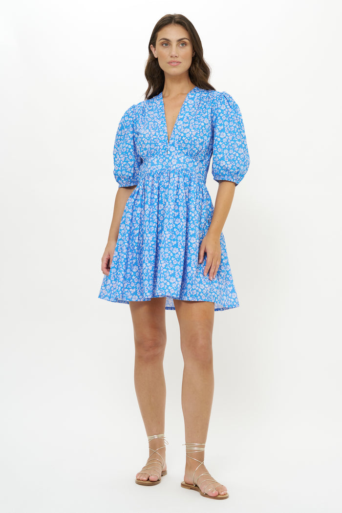 V-Neck Puff Mini- Ditsy Blue