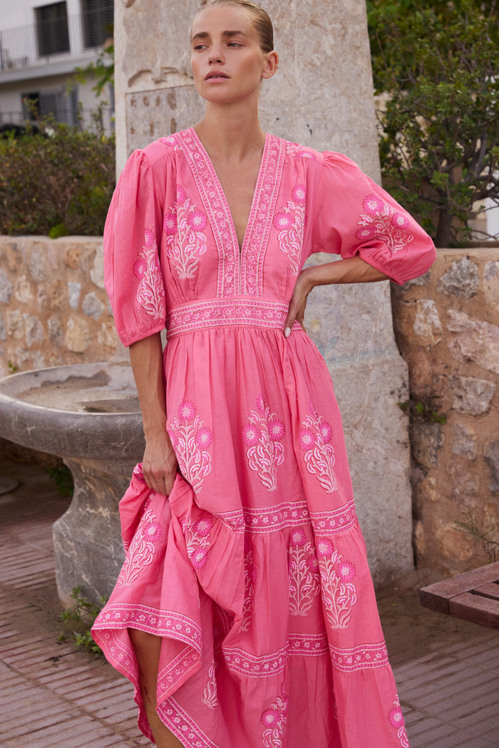 V-Neck Puffed Maxi- Raton Pink