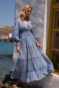 V-Neck Smocked Waist Midi- Aster Blue