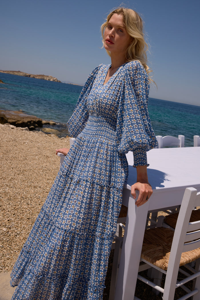 V-Neck Smocked Waist Midi- Aster Blue