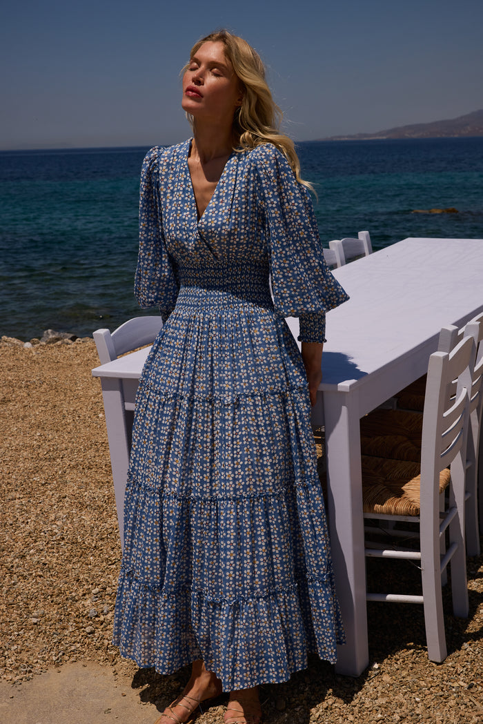 V-Neck Smocked Waist Midi- Aster Blue