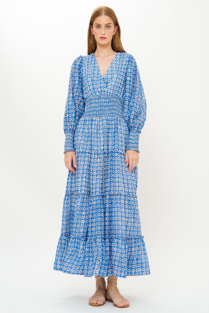 V-Neck Smocked Waist Midi- Aster Blue