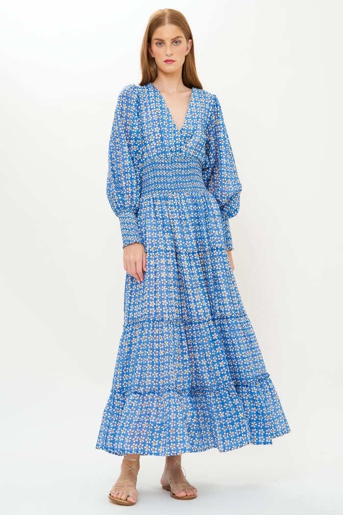 V-Neck Smocked Waist Midi- Aster Blue