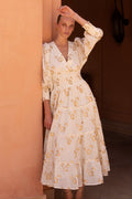 V-Neck Smocked Waist Midi- Carlin Cream Gold