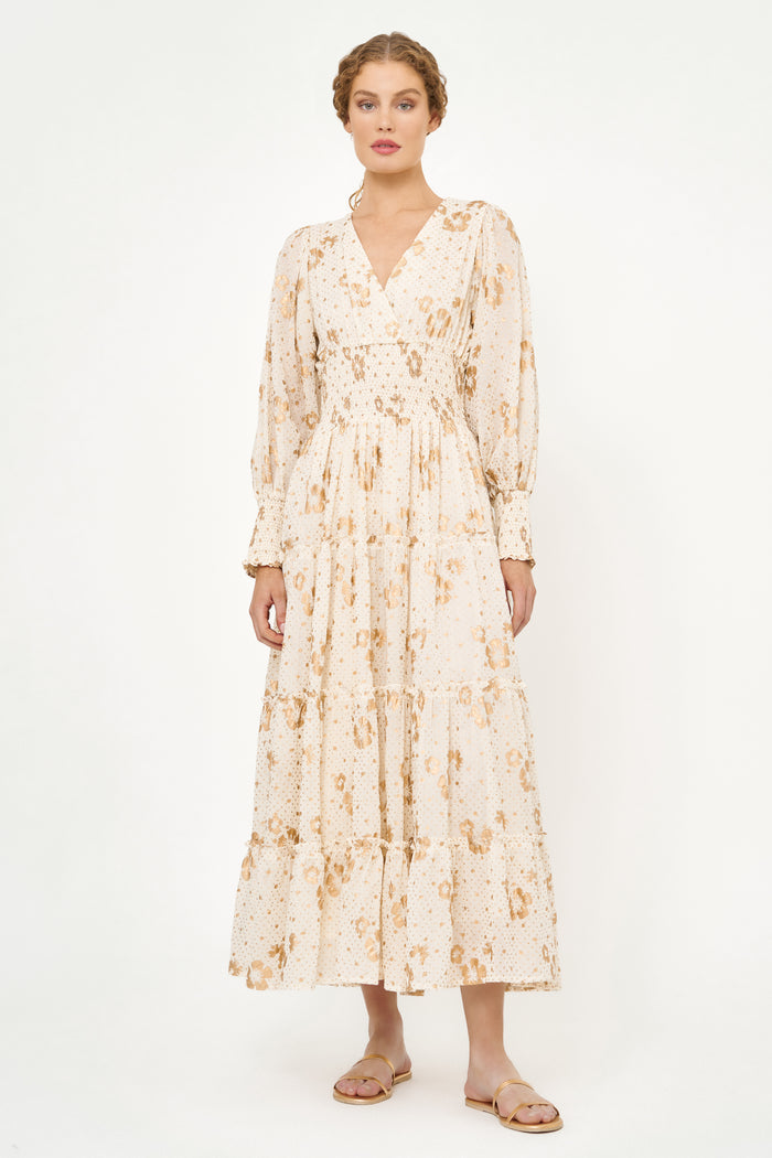 V-Neck Smocked Waist Midi- Carlin Cream Gold