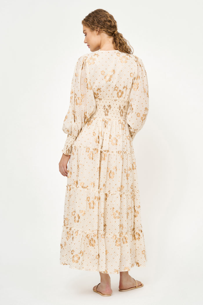 V-Neck Smocked Waist Midi- Carlin Cream Gold