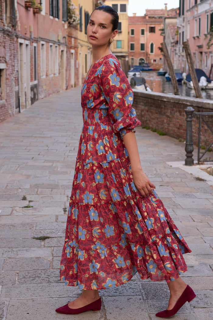 V-Neck Smocked Waist Midi- Kildare Red