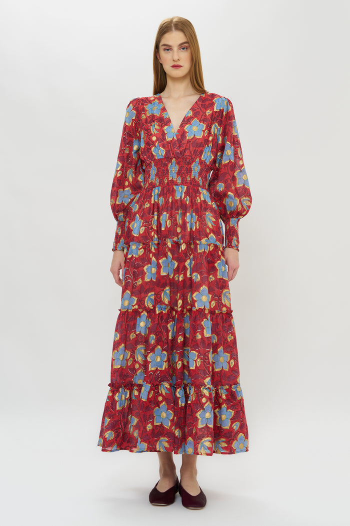 V-Neck Smocked Waist Midi- Kildare Red