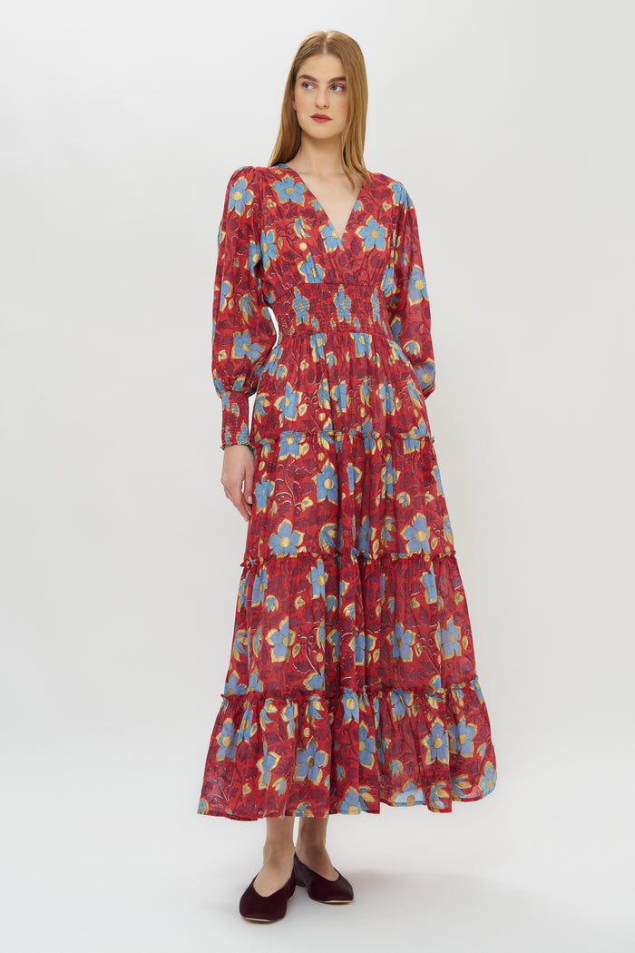 V-Neck Smocked Waist Midi- Kildare Red