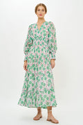 V-Neck Smocked Waist Midi- Monarch Green