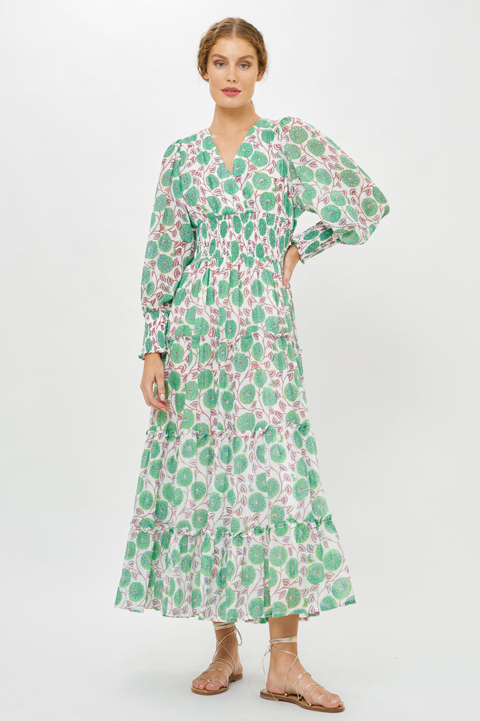 V-Neck Smocked Waist Midi- Monarch Green
