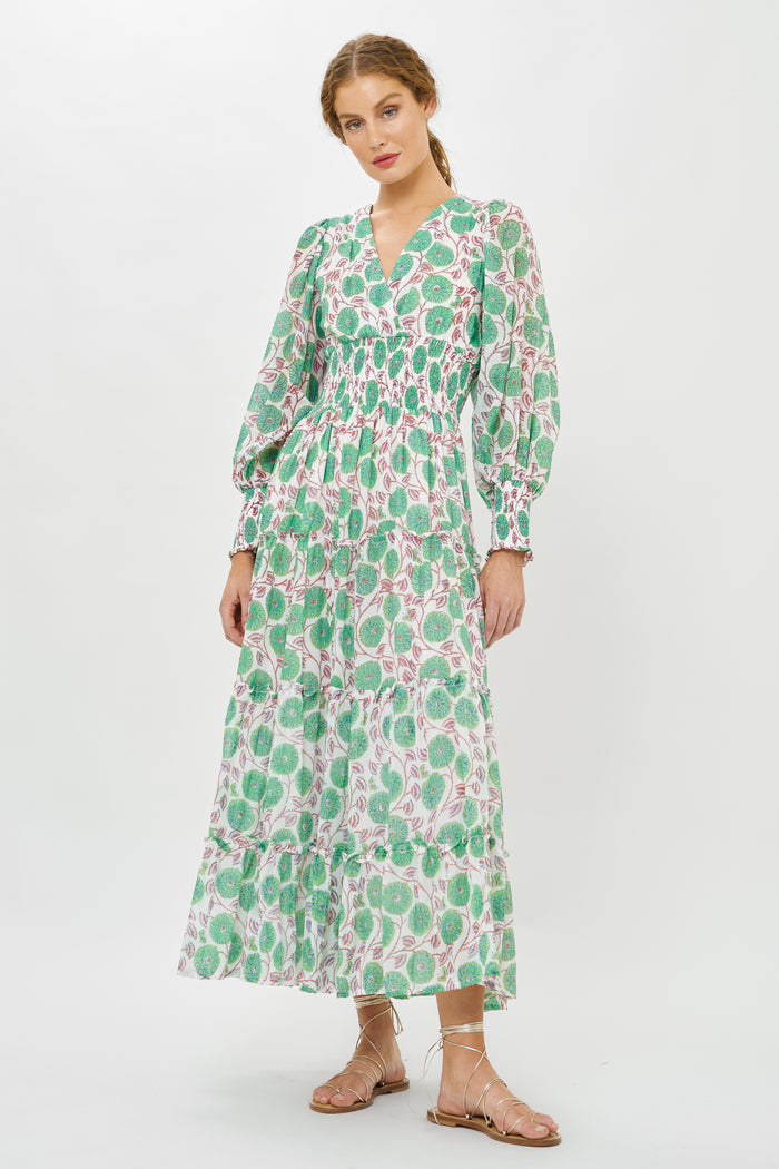 V-Neck Smocked Waist Midi- Monarch Green