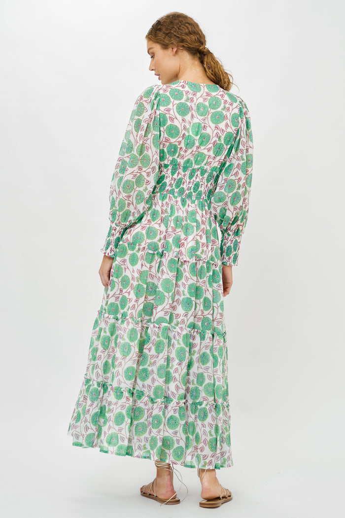 V-Neck Smocked Waist Midi- Monarch Green