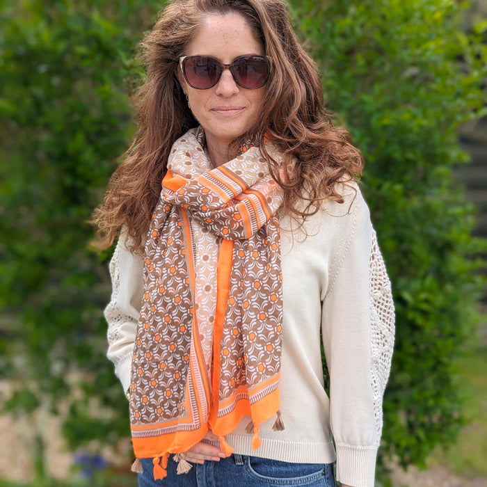 Vesta - Bright Patterned Scarf - Chocolate Orange (90x180cm)