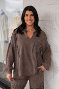 Women's mineral washed oak brown top with waffle knit patches by J. Her