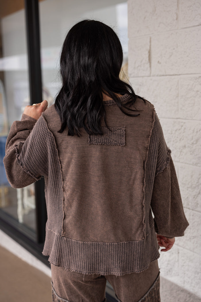 Women's mineral washed oak brown top with waffle knit patches by J. Her showing up close back view