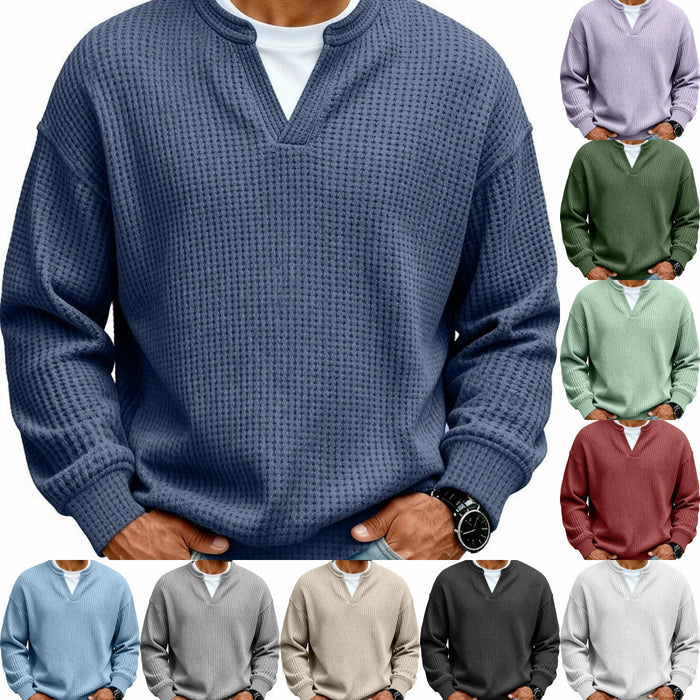 Collection of waffle-textured sweaters in various colors worn by models on a white background.