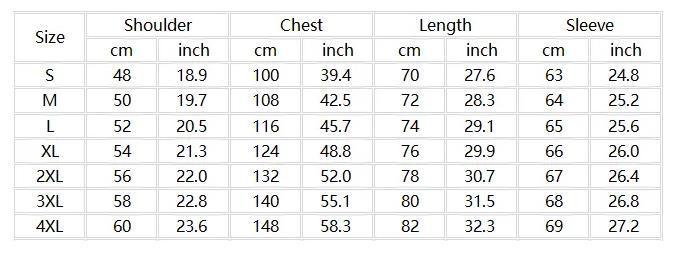 Table displaying size chart for shoulder, chest, length, and sleeve measurements in centimeters and inches.