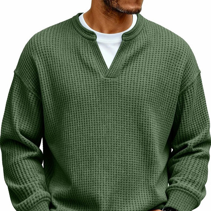 Close-up of a men’s waffle shirt highlighting the soft knit pattern and clean finish