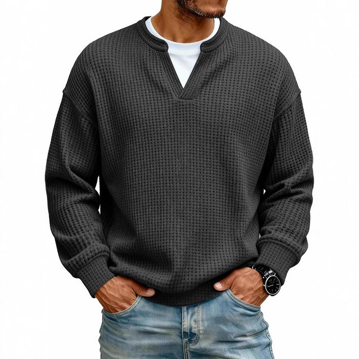 Textured men’s waffle sweater paired with everyday essentials for a refined casual outfit