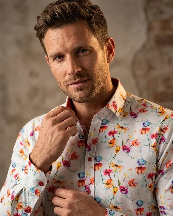 White Colourful Flower Print Shirt with Matching Handkerchief