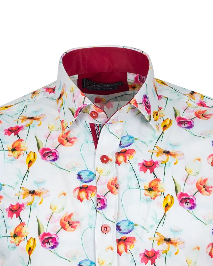 White Colourful Flower Print Shirt with Matching Handkerchief
