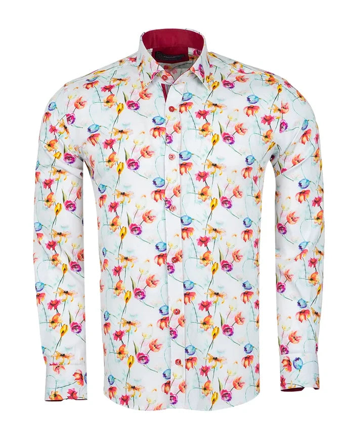 White Colourful Flower Print Shirt with Matching Handkerchief
