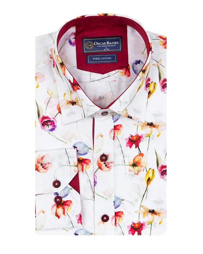 White Colourful Flower Print Shirt with Matching Handkerchief