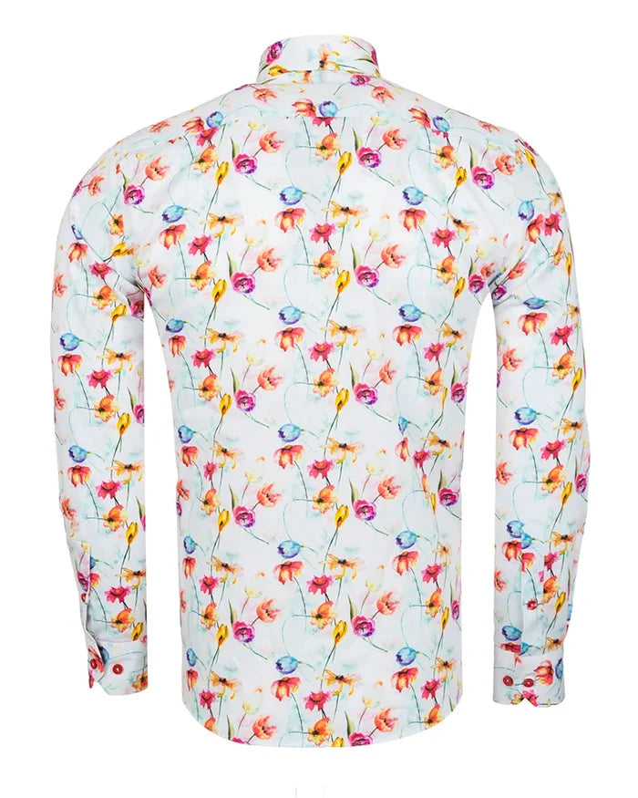 White Colourful Flower Print Shirt with Matching Handkerchief